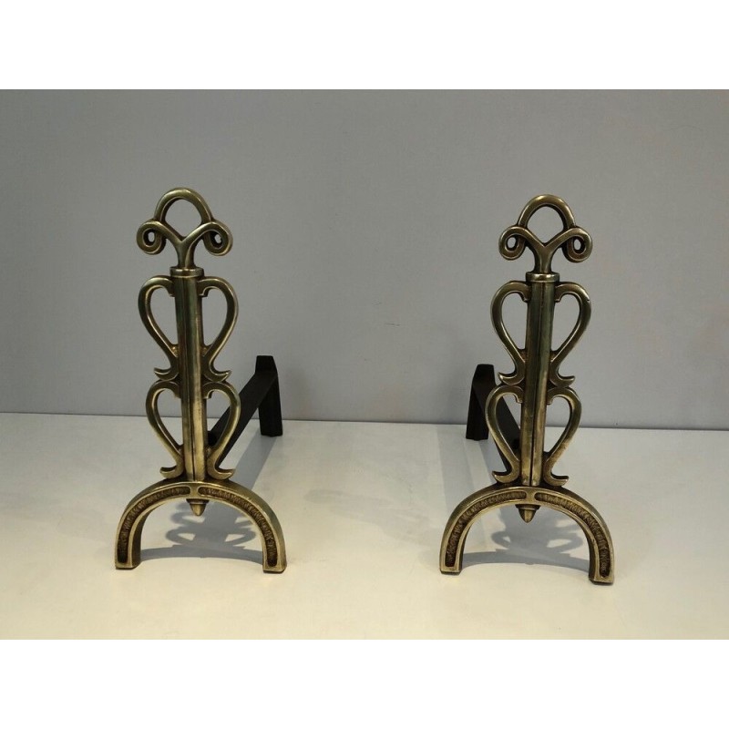 Pair of Brass and Wrought Iron Andirons, in the Style of Raymond Subes, circa 1940