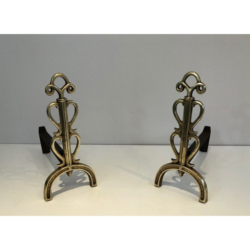 Pair of Brass and Wrought Iron Andirons, in the Style of Raymond Subes, circa 1940