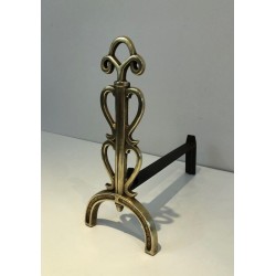 Pair of Brass and Wrought Iron Andirons, in the Style of Raymond Subes, circa 1940