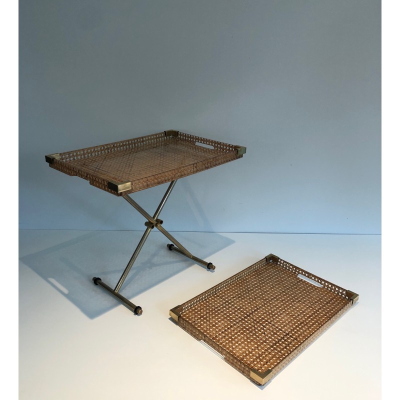 Pair of Lucite and Caned Serving Plate with One Folding Base