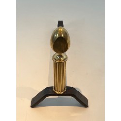 Pair of Neoclassical Brass and Wrought Iron Andirons, French Work, circa 1940