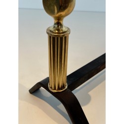 Pair of Neoclassical Brass and Wrought Iron Andirons, French Work, circa 1940