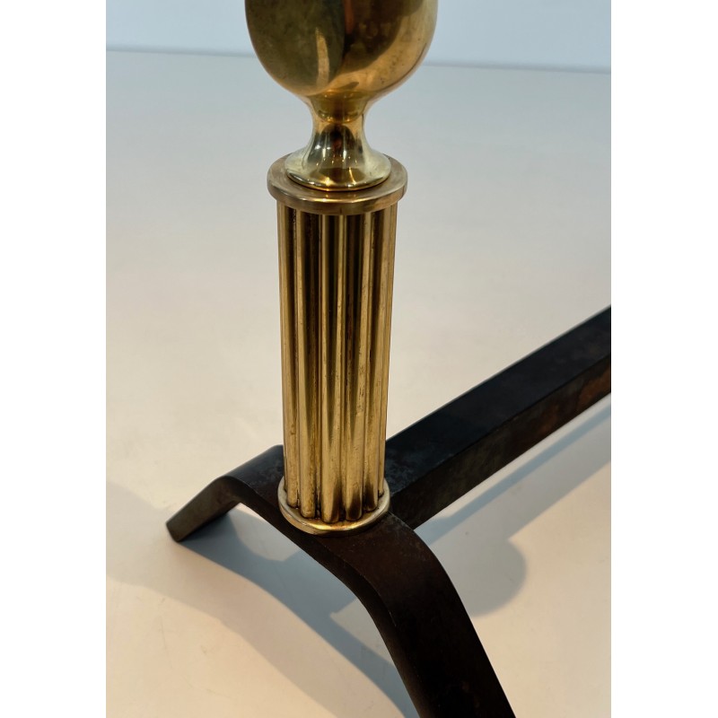 Pair of Neoclassical Brass and Wrought Iron Andirons, French Work, circa 1940