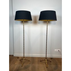 Paire de Lampadaires Faux-Bambou en Bronze et Laiton, Jacques Adnet, vers 1940