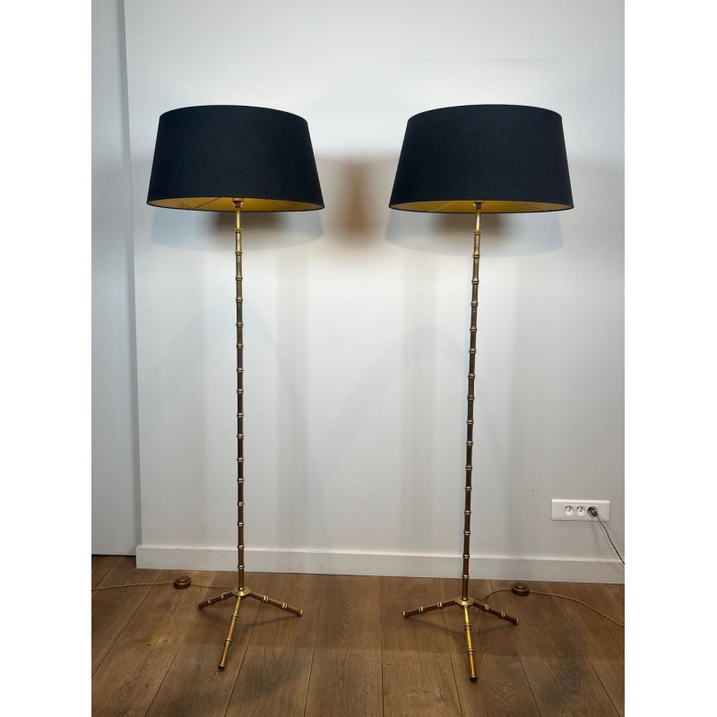 Pair of Faux-Bamboo Bronze and Brass Floor Lamps, Jacques Adnet, circa 1940