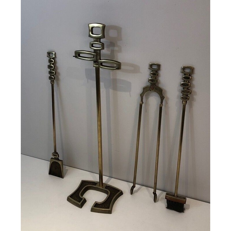 Modernist Brass Fireplace Tools on Stand, Italian Work, circa 1970