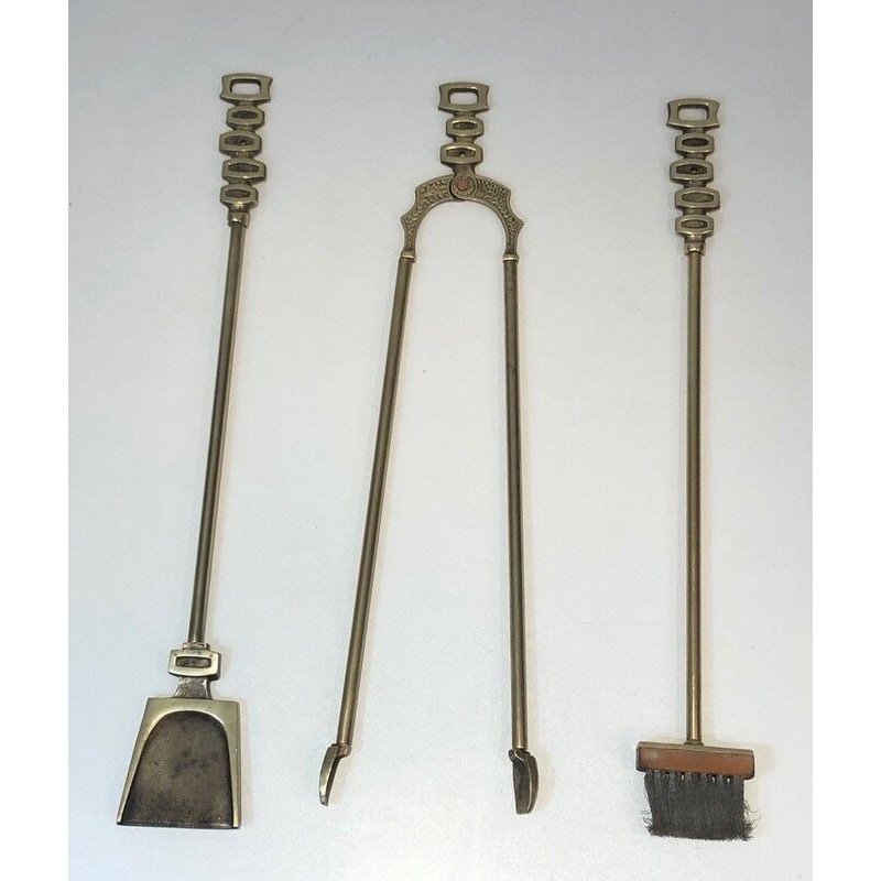 Modernist Brass Fireplace Tools on Stand, Italian Work, circa 1970