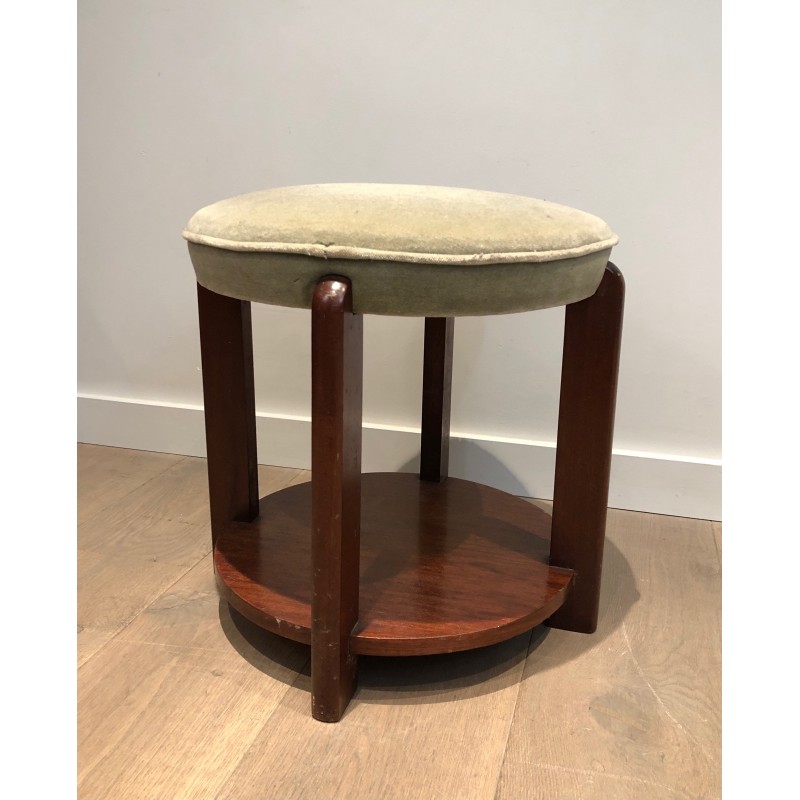 Tabouret en Acajou et Velours, dans le Goût Art Déco, vers 1970