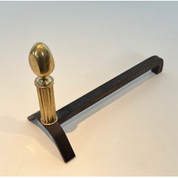 Pair of Neoclassical Brass and Wrought Iron Andirons, French Work, circa 1940