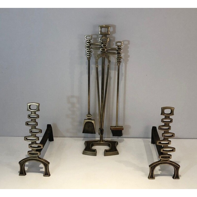 Modernist Brass Andirons and Fireplace Tools Set, Italian Work, circa 1970