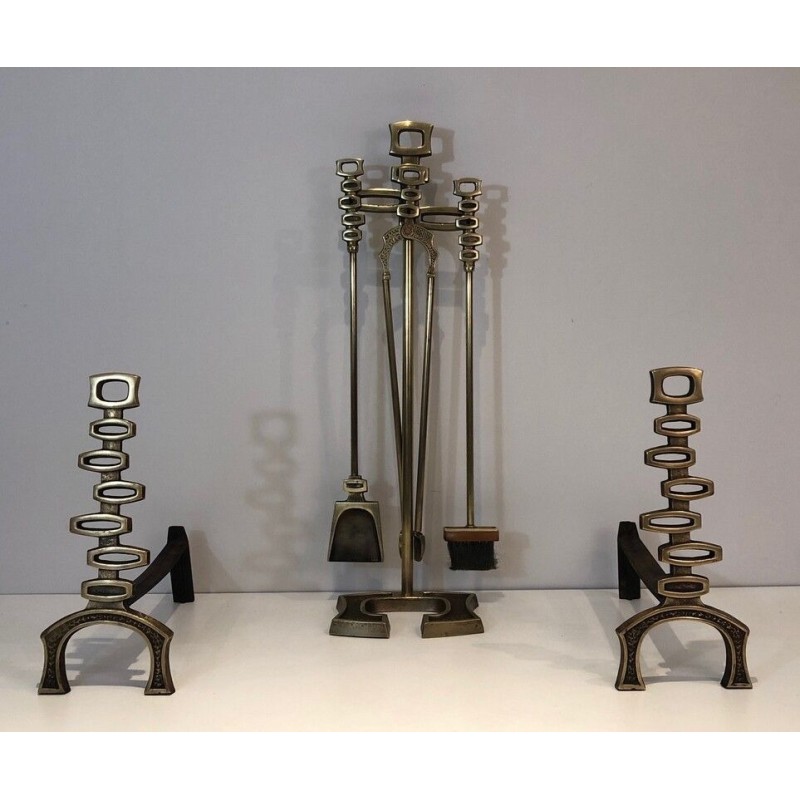 Modernist Brass Andirons and Fireplace Tools Set, Italian Work, circa 1970