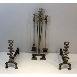 Modernist Brass Andirons and Fireplace Tools Set, Italian Work, circa 1970