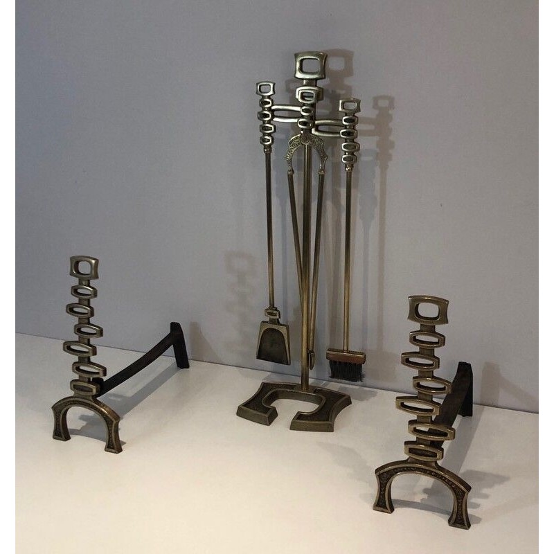 Modernist Brass Andirons and Fireplace Tools Set, Italian Work, circa 1970