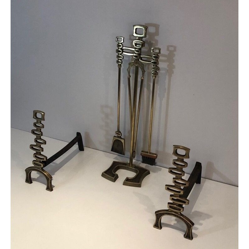 Modernist Brass Andirons and Fireplace Tools Set, Italian Work, circa 1970