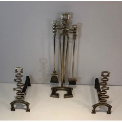 Modernist Brass Andirons and Fireplace Tools Set, Italian Work, circa 1970