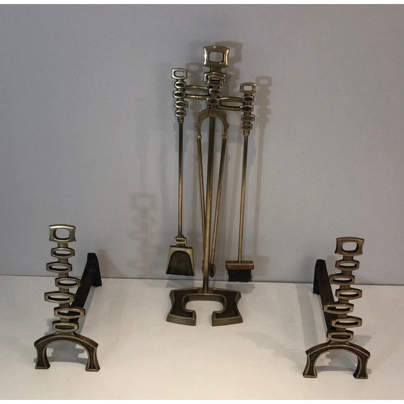 Paire de Chenets et Nécessaire de Feu Modernistes en Laiton, Travail Italien, vers 1970