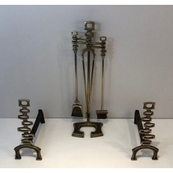 Paire de Chenets et Nécessaire de Feu Modernistes en Laiton, Travail Italien, vers 1970