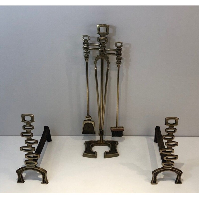 Paire de Chenets et Nécessaire de Feu Modernistes en Laiton, Travail Italien, vers 1970
