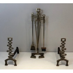 Modernist Brass Andirons and Fireplace Tools Set, Italian Work, circa 1970