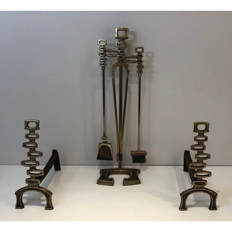 Modernist Brass Andirons and Fireplace Tools Set, Italian Work, circa 1970