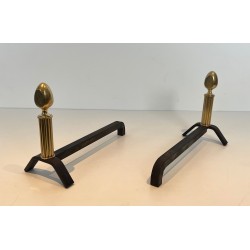 Pair of Neoclassical Brass and Wrought Iron Andirons, French Work, circa 1940