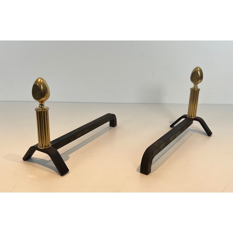 Pair of Neoclassical Brass and Wrought Iron Andirons, French Work, circa 1940