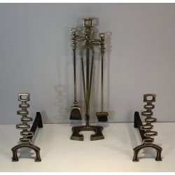 Paire de Chenets et Nécessaire de Feu Modernistes en Laiton, Travail Italien, vers 1970