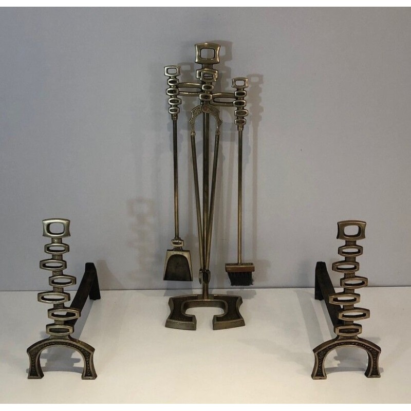 Modernist Brass Andirons and Fireplace Tools Set, Italian Work, circa 1970