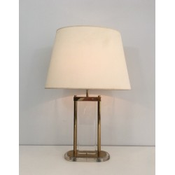 Lampe de Table en Laiton Doré et Plexiglas, Travail Français, vers 1970