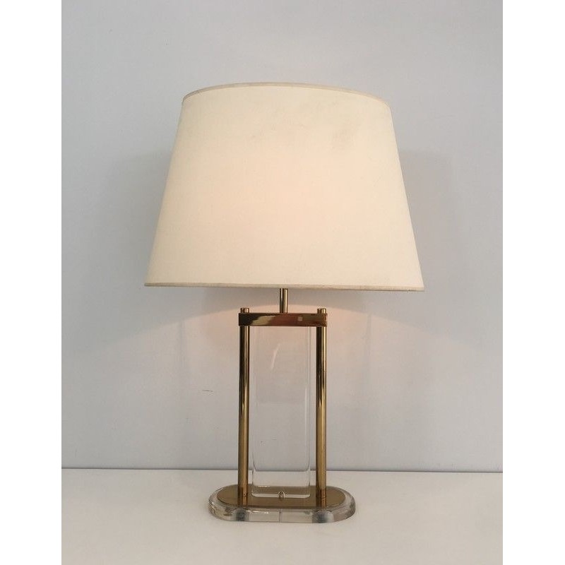Lampe de Table en Laiton Doré et Plexiglas, Travail Français, vers 1970