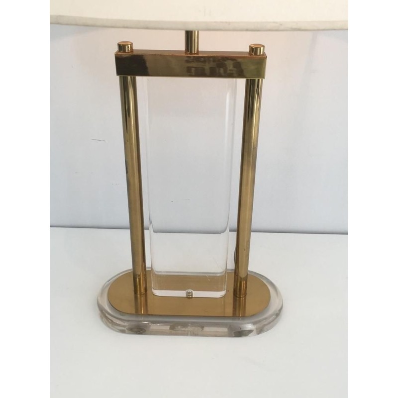 Lampe de Table en Laiton Doré et Plexiglas, Travail Français, vers 1970