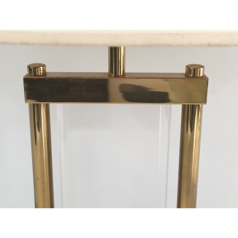 Lampe de Table en Laiton Doré et Plexiglas, Travail Français, vers 1970