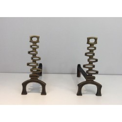 Paire de Chenets Modernistes en Laiton, Travail Italien, vers 1970