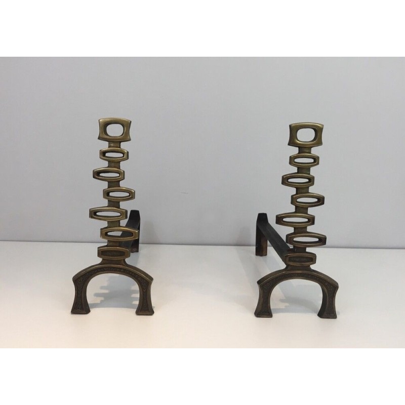 Pair of Modernist Brass Andirons, Italian Work, circa 1970