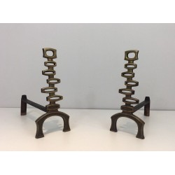 Paire de Chenets Modernistes en Laiton, Travail Italien, vers 1970
