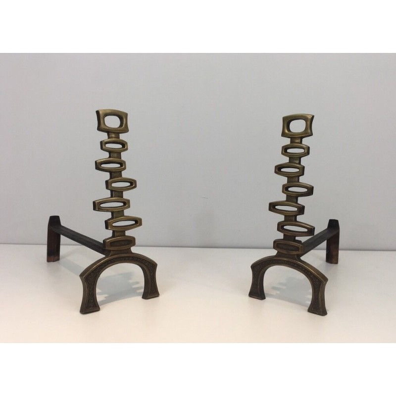 Paire de Chenets Modernistes en Laiton, Travail Italien, vers 1970
