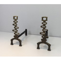 Paire de Chenets Modernistes en Laiton, Travail Italien, vers 1970