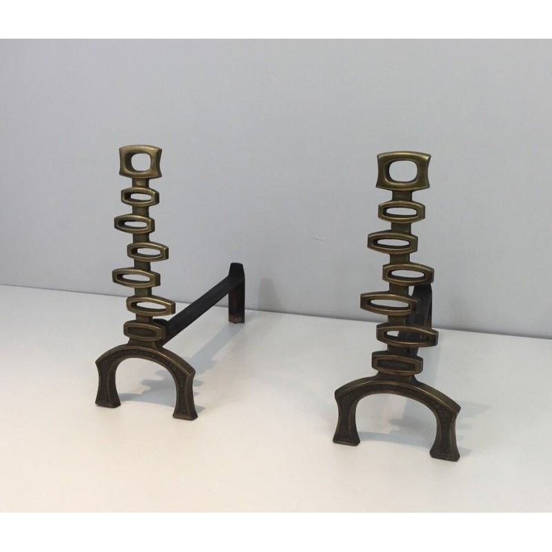 Paire de Chenets Modernistes en Laiton, Travail Italien, vers 1970