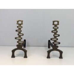 Paire de Chenets Modernistes en Laiton, Travail Italien, vers 1970