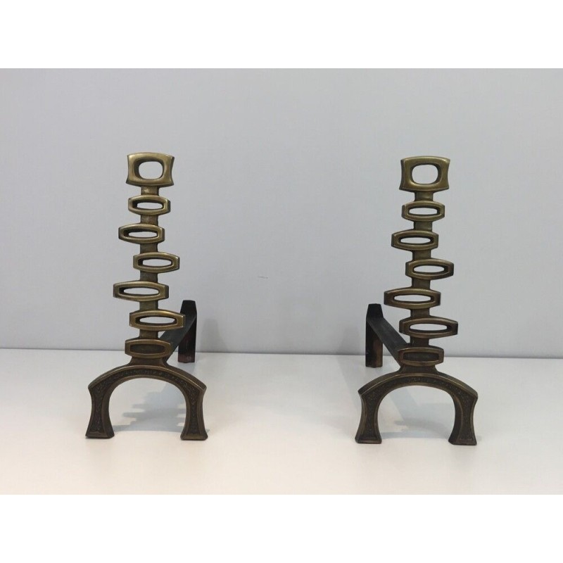 Pair of Modernist Brass Andirons, Italian Work, circa 1970