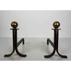 Paire de Chenets Modernistes en Acier, Laiton et Fer Forgé, dans le Goût de Jacques Adnet, vers 1940