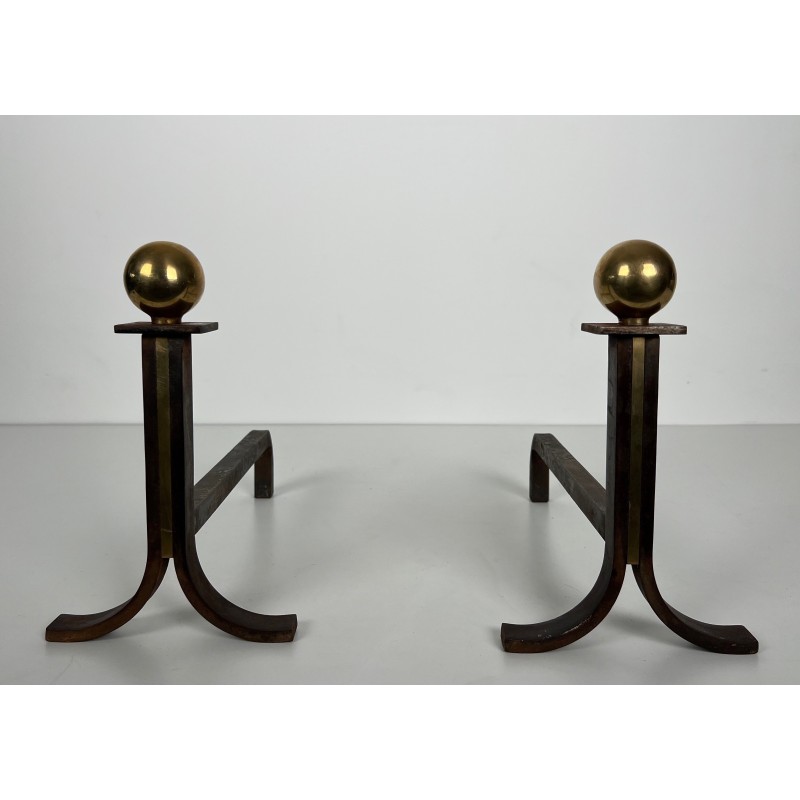 Paire de Chenets Modernistes en Acier, Laiton et Fer Forgé, dans le Goût de Jacques Adnet, vers 1940