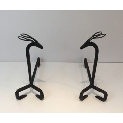 Pair of Wrought Iron Deer Andirons, in the Style of Édouard Schenck, circa 1950