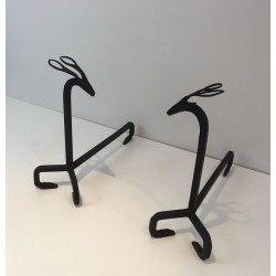 Paire de Chenets en Fer Forgé à Décor de Cerfs, dans le Goût d’Édouard Schenck, vers 1950
