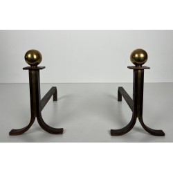 Paire de Chenets Modernistes en Acier, Laiton et Fer Forgé, dans le Goût de Jacques Adnet, vers 1940