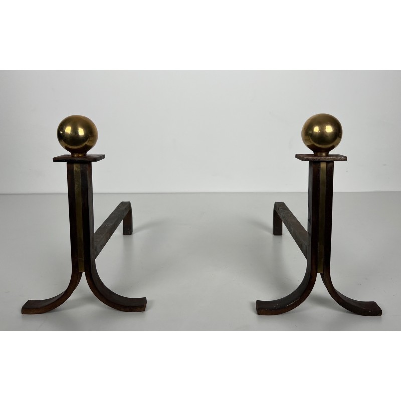 Pair of Modernist Steel, Brass and Wrought Iron Andirons, in the Style of Jacques Adnet, circa 1940