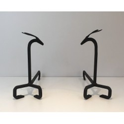 Pair of Wrought Iron Deer Andirons, in the Style of Édouard Schenck, circa 1950