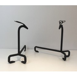 Paire de Chenets en Fer Forgé à Décor de Cerfs, dans le Goût d’Édouard Schenck, vers 1950