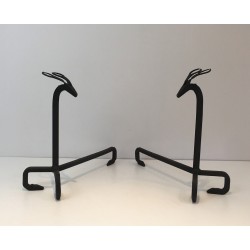 Pair of Wrought Iron Deer Andirons, in the Style of Édouard Schenck, circa 1950