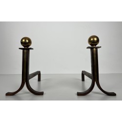 Pair of Modernist Steel, Brass and Wrought Iron Andirons, in the Style of Jacques Adnet, circa 1940